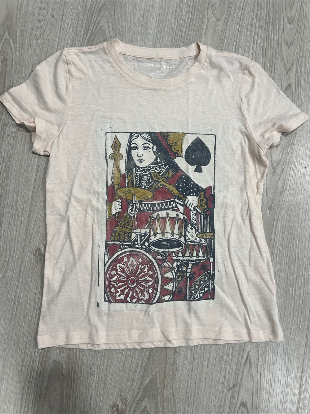 Lucky Brand Cream Graphic Queen Playing Card Tee with Red & Gold Accents